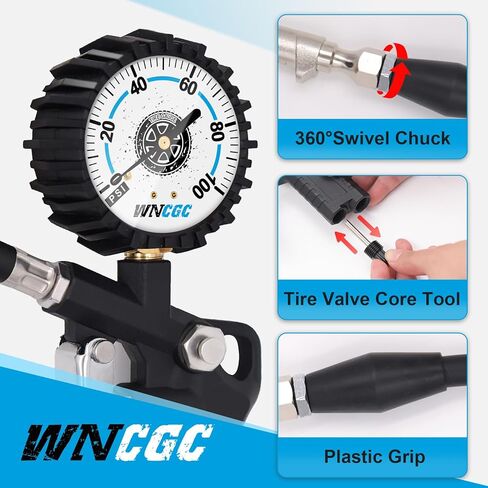 مقياس ضغط منفاخ الإطارات 100 رطل لكل بوصة مربعة ضغط الهواء في الإطارات مع قفل ظرف الهواء وملحقات ضاغط الهواء مع قرص متوهج كبير سهل القراءة مقاس 2.5 بوصة in Kuwait