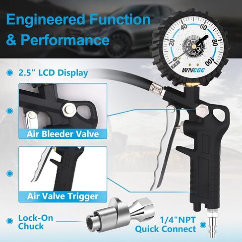 مقياس ضغط منفاخ الإطارات 100 رطل لكل بوصة مربعة ضغط الهواء في الإطارات مع قفل ظرف الهواء وملحقات ضاغط الهواء مع قرص متوهج كبير سهل القراءة مقاس 2.5 بوصة in Kuwait