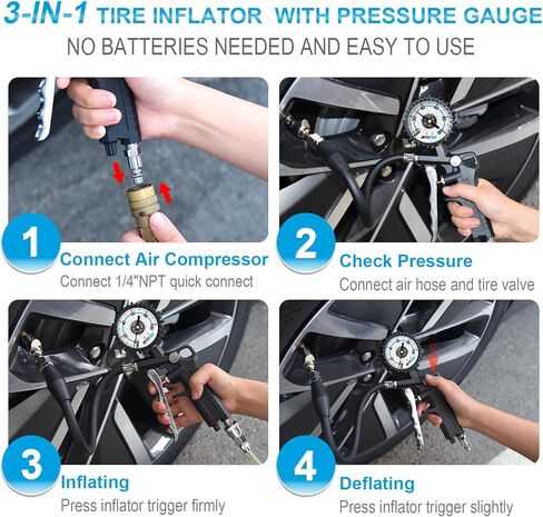 مقياس ضغط منفاخ الإطارات 100 رطل لكل بوصة مربعة ضغط الهواء في الإطارات مع قفل ظرف الهواء وملحقات ضاغط الهواء مع قرص متوهج كبير سهل القراءة مقاس 2.5 بوصة in Kuwait