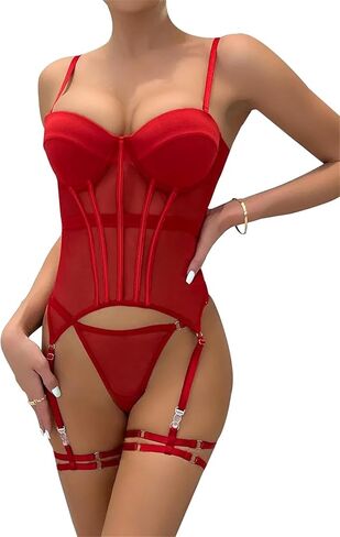 Lilosy Sexy Strappy Garter Belt Underwire Push Up Mesh Sheer Babydoll Lingerie Women Teddy Bodysuit Corset Bustier Chemise Nightgown Nightshirt See Through 2 Piece Burgundy Red Medium in Saudi Arabia