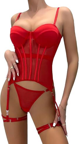 Lilosy Sexy Strappy Garter Belt Underwire Push Up Mesh Sheer Babydoll Lingerie Women Teddy Bodysuit Corset Bustier Chemise Nightgown Nightshirt See Through 2 Piece Burgundy Red Medium in Saudi Arabia
