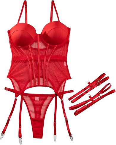 Lilosy Sexy Strappy Garter Belt Underwire Push Up Mesh Sheer Babydoll Lingerie Women Teddy Bodysuit Corset Bustier Chemise Nightgown Nightshirt See Through 2 Piece Burgundy Red Medium in Saudi Arabia