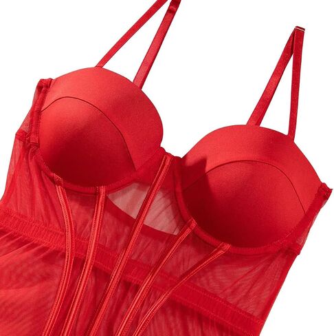 Lilosy Sexy Strappy Garter Belt Underwire Push Up Mesh Sheer Babydoll Lingerie Women Teddy Bodysuit Corset Bustier Chemise Nightgown Nightshirt See Through 2 Piece Burgundy Red Medium in Saudi Arabia