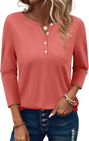 PGANDS Women's 3/4 Length Sleeve T Shirts Button Down Scoop Neck Casual Tops in Kuwait