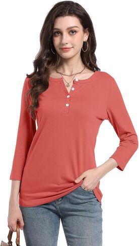 PGANDS Women's 3/4 Length Sleeve T Shirts Button Down Scoop Neck Casual Tops in Kuwait
