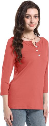 PGANDS Women's 3/4 Length Sleeve T Shirts Button Down Scoop Neck Casual Tops in Kuwait