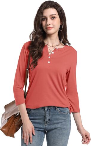PGANDS Women's 3/4 Length Sleeve T Shirts Button Down Scoop Neck Casual Tops in Kuwait