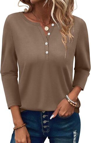 PGANDS Women's 3/4 Length Sleeve T Shirts Button Down Scoop Neck Casual Tops in Kuwait
