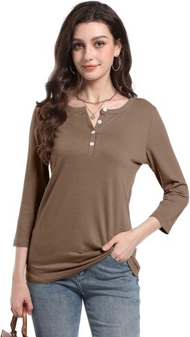 PGANDS Women's 3/4 Length Sleeve T Shirts Button Down Scoop Neck Casual Tops in Kuwait
