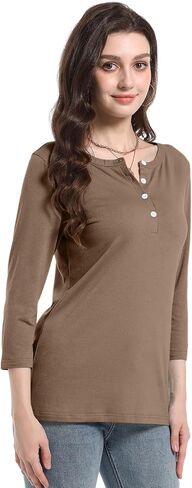 PGANDS Women's 3/4 Length Sleeve T Shirts Button Down Scoop Neck Casual Tops in Kuwait