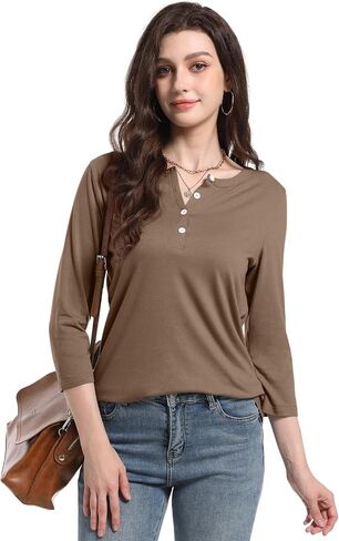 PGANDS Women's 3/4 Length Sleeve T Shirts Button Down Scoop Neck Casual Tops in Kuwait
