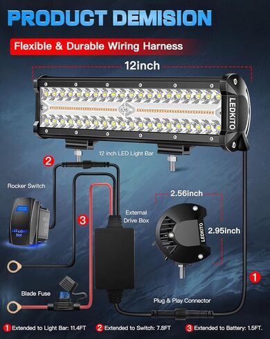 12 inch LED Light Bar Kit with 5 Pin Rocker Switch Wiring Harness Triple Row Flood Spot Combo Off Road Driving Fog Lights LED Bar Work Lights for Trucks UTV ATV Tractor Golf Cart in Kuwait