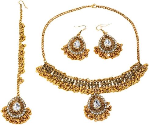 Ethnic Indian Jhumka Tassel Rhinestone Choker Necklace Earrings Maang Tikka 3 Pcs Set Oxidized Ancient Goldtone Bohemian Traditional Jhumki Pendant Crystal Retro Bollywood Statement Gypsy Wedding Bridal Jewelry for Women in Kuwait