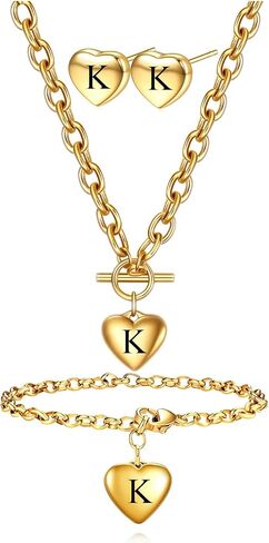 Women's 3 Pieces Heart Name Necklace, Bracelet, Earrings, Jewelry Set Stainless Steel A-Z letters Jewelry Suits in Saudi Arabia