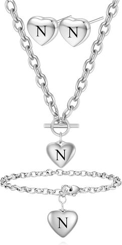 Women's 3 Pieces Heart Name Necklace, Bracelet, Earrings, Jewelry Set Stainless Steel A-Z letters Jewelry Suits in Saudi Arabia