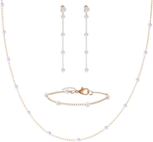 مجموعة مجوهرات ذهبية للنساء عقد من اللؤلؤ وأقراط متدلية من اللؤلؤ وأساور اللؤلؤ ومجوهرات زفاف العروس للنساء هدية in Kuwait