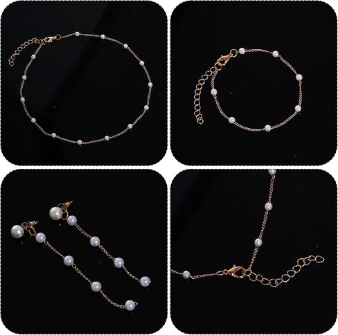 مجموعة مجوهرات ذهبية للنساء عقد من اللؤلؤ وأقراط متدلية من اللؤلؤ وأساور اللؤلؤ ومجوهرات زفاف العروس للنساء هدية in Kuwait