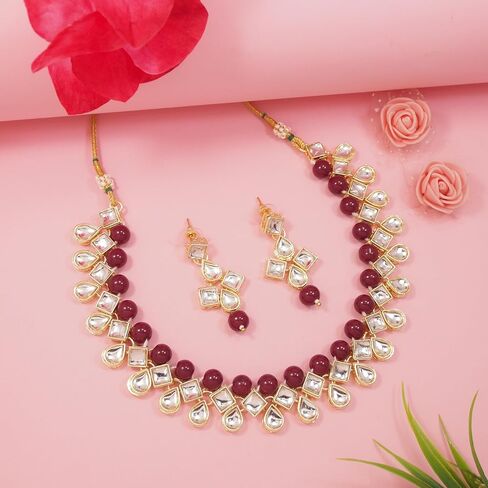 I Jewels Gold Plated Indian Wedding Bollywood Kundan Pearl Choker Necklace Jewellery Set with Earrings for Women in Kuwait