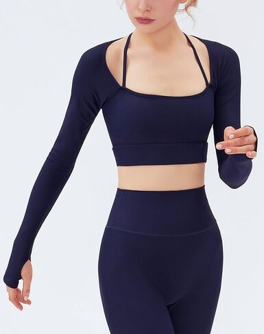 Lucrosun Women's Ribbed Knit Yoga Top Athletic Long Sleeve Crop Top with Pads in Kuwait