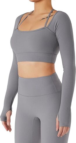 Lucrosun Women's Ribbed Knit Yoga Top Athletic Long Sleeve Crop Top with Pads in Kuwait