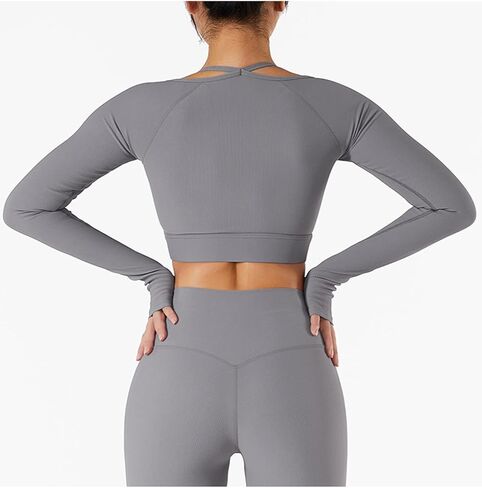 Lucrosun Women's Ribbed Knit Yoga Top Athletic Long Sleeve Crop Top with Pads in Kuwait