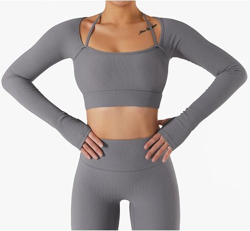 Lucrosun Women's Ribbed Knit Yoga Top Athletic Long Sleeve Crop Top with Pads in Kuwait
