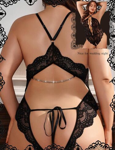 Sexy Lingerie for Women Plus Size Bodysuit Crotchless Teddy Outfits Black Lace Deep V-Neck Honeymoon One Piece in Saudi Arabia