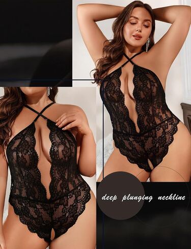 Sexy Lingerie for Women Plus Size Bodysuit Crotchless Teddy Outfits Black Lace Deep V-Neck Honeymoon One Piece in Saudi Arabia