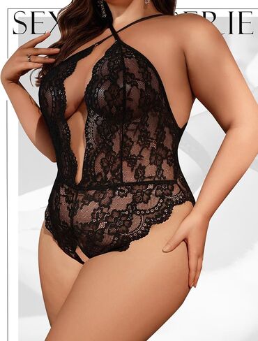 Sexy Lingerie for Women Plus Size Bodysuit Crotchless Teddy Outfits Black Lace Deep V-Neck Honeymoon One Piece in Saudi Arabia
