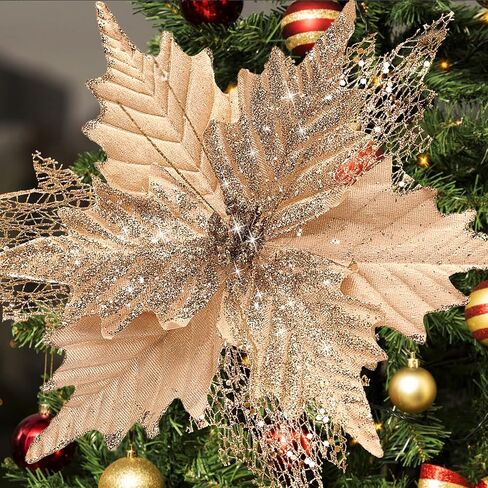 10'' Large Christmas Glitter Poinsettia Flowers Decorations, 10 Pcs Christmas Tree Picks Ornaments Artificial Flowers with Long Stems for Xmas Tree Wreath Garland Wedding Party DIY Decor in Kuwait