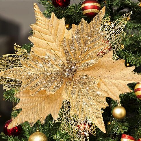 10'' Large Christmas Glitter Poinsettia Flowers Decorations, 10 Pcs Christmas Tree Picks Ornaments Artificial Flowers with Long Stems for Xmas Tree Wreath Garland Wedding Party DIY Decor in Kuwait