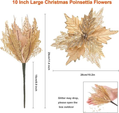 10'' Large Christmas Glitter Poinsettia Flowers Decorations, 10 Pcs Christmas Tree Picks Ornaments Artificial Flowers with Long Stems for Xmas Tree Wreath Garland Wedding Party DIY Decor in Kuwait
