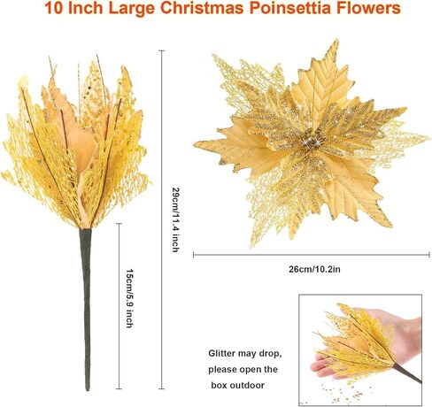 10'' Large Christmas Glitter Poinsettia Flowers Decorations, 10 Pcs Christmas Tree Picks Ornaments Artificial Flowers with Long Stems for Xmas Tree Wreath Garland Wedding Party DIY Decor in Kuwait