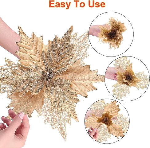 10'' Large Christmas Glitter Poinsettia Flowers Decorations, 10 Pcs Christmas Tree Picks Ornaments Artificial Flowers with Long Stems for Xmas Tree Wreath Garland Wedding Party DIY Decor in Kuwait