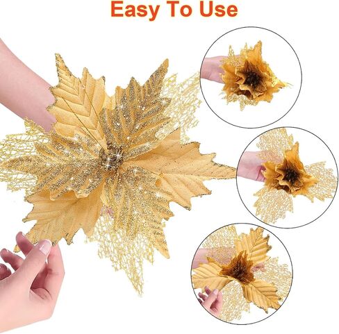 10'' Large Christmas Glitter Poinsettia Flowers Decorations, 10 Pcs Christmas Tree Picks Ornaments Artificial Flowers with Long Stems for Xmas Tree Wreath Garland Wedding Party DIY Decor in Kuwait