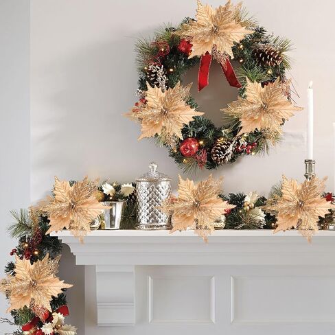 10'' Large Christmas Glitter Poinsettia Flowers Decorations, 10 Pcs Christmas Tree Picks Ornaments Artificial Flowers with Long Stems for Xmas Tree Wreath Garland Wedding Party DIY Decor in Kuwait
