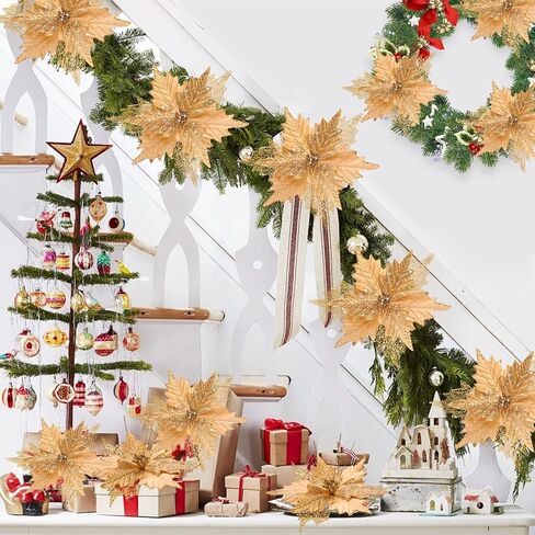 10'' Large Christmas Glitter Poinsettia Flowers Decorations, 10 Pcs Christmas Tree Picks Ornaments Artificial Flowers with Long Stems for Xmas Tree Wreath Garland Wedding Party DIY Decor in Kuwait