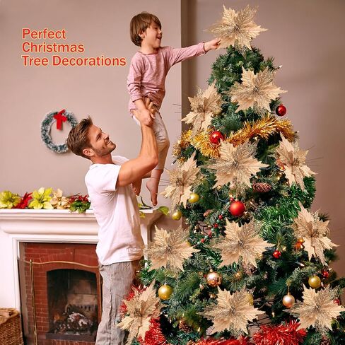 10'' Large Christmas Glitter Poinsettia Flowers Decorations, 10 Pcs Christmas Tree Picks Ornaments Artificial Flowers with Long Stems for Xmas Tree Wreath Garland Wedding Party DIY Decor in Kuwait