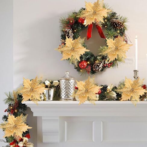 10'' Large Christmas Glitter Poinsettia Flowers Decorations, 10 Pcs Christmas Tree Picks Ornaments Artificial Flowers with Long Stems for Xmas Tree Wreath Garland Wedding Party DIY Decor in Kuwait