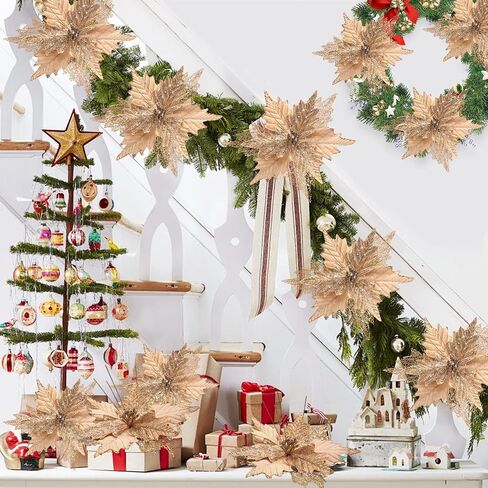 10'' Large Christmas Glitter Poinsettia Flowers Decorations, 10 Pcs Christmas Tree Picks Ornaments Artificial Flowers with Long Stems for Xmas Tree Wreath Garland Wedding Party DIY Decor in Kuwait