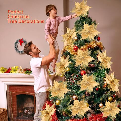 10'' Large Christmas Glitter Poinsettia Flowers Decorations, 10 Pcs Christmas Tree Picks Ornaments Artificial Flowers with Long Stems for Xmas Tree Wreath Garland Wedding Party DIY Decor in Kuwait