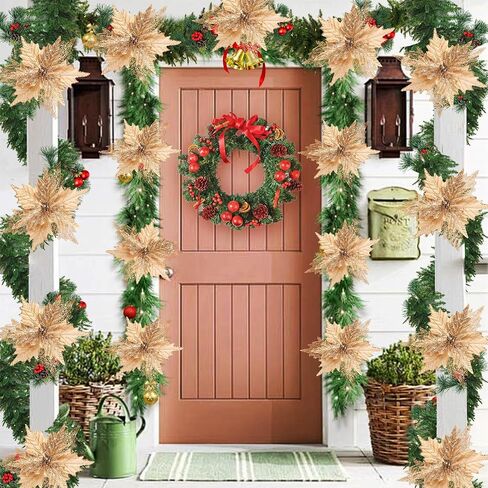 10'' Large Christmas Glitter Poinsettia Flowers Decorations, 10 Pcs Christmas Tree Picks Ornaments Artificial Flowers with Long Stems for Xmas Tree Wreath Garland Wedding Party DIY Decor in Kuwait