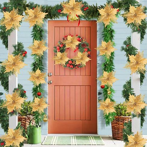 10'' Large Christmas Glitter Poinsettia Flowers Decorations, 10 Pcs Christmas Tree Picks Ornaments Artificial Flowers with Long Stems for Xmas Tree Wreath Garland Wedding Party DIY Decor in Kuwait