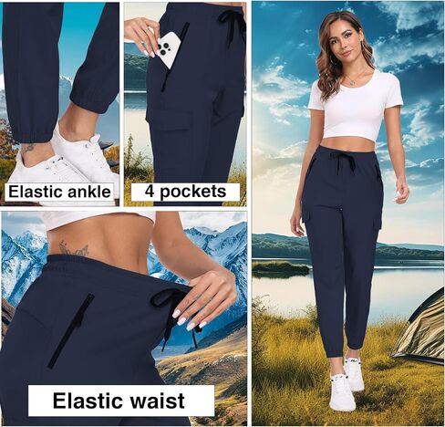 Hiking Pants for Women UPF 50+ Cargo Quick Dry Water Resistant Elastic Waist Zip Pockets Travel Work Lightweight Running in Saudi Arabia