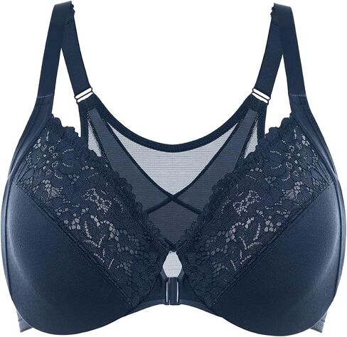 DELIMIRA Women's Front Closure Bras Posture Full Coverage Plus Size Lace Underwire Unlined Bra in Kuwait