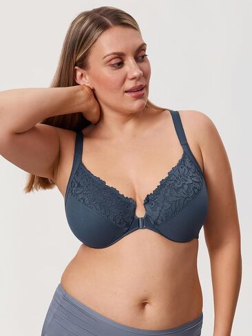 DELIMIRA Women's Front Closure Bras Posture Full Coverage Plus Size Lace Underwire Unlined Bra in Kuwait