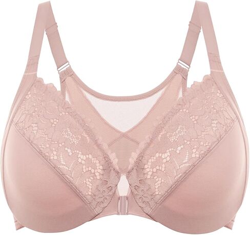 DELIMIRA Women's Front Closure Bras Posture Full Coverage Plus Size Lace Underwire Unlined Bra in Kuwait