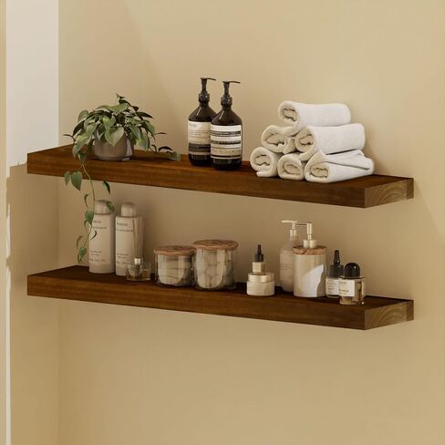ROGMARS 36 Inches Long Walnut Floating Shelves,Rustic Solid Wood Farmhouse Wall Shelves with Invisible Brackets for Bathroom, Living Room, Bedroom, Kitchen Set of 2 in Kuwait