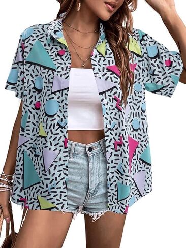 Women's 80s Short Sleeve T-Shirts Vintage Casual Button Down Shirts 80 90s Party Disco Hawaiian Party in Saudi Arabia