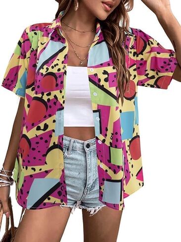 Women's 80s Short Sleeve T-Shirts Vintage Casual Button Down Shirts 80 90s Party Disco Hawaiian Party in Saudi Arabia
